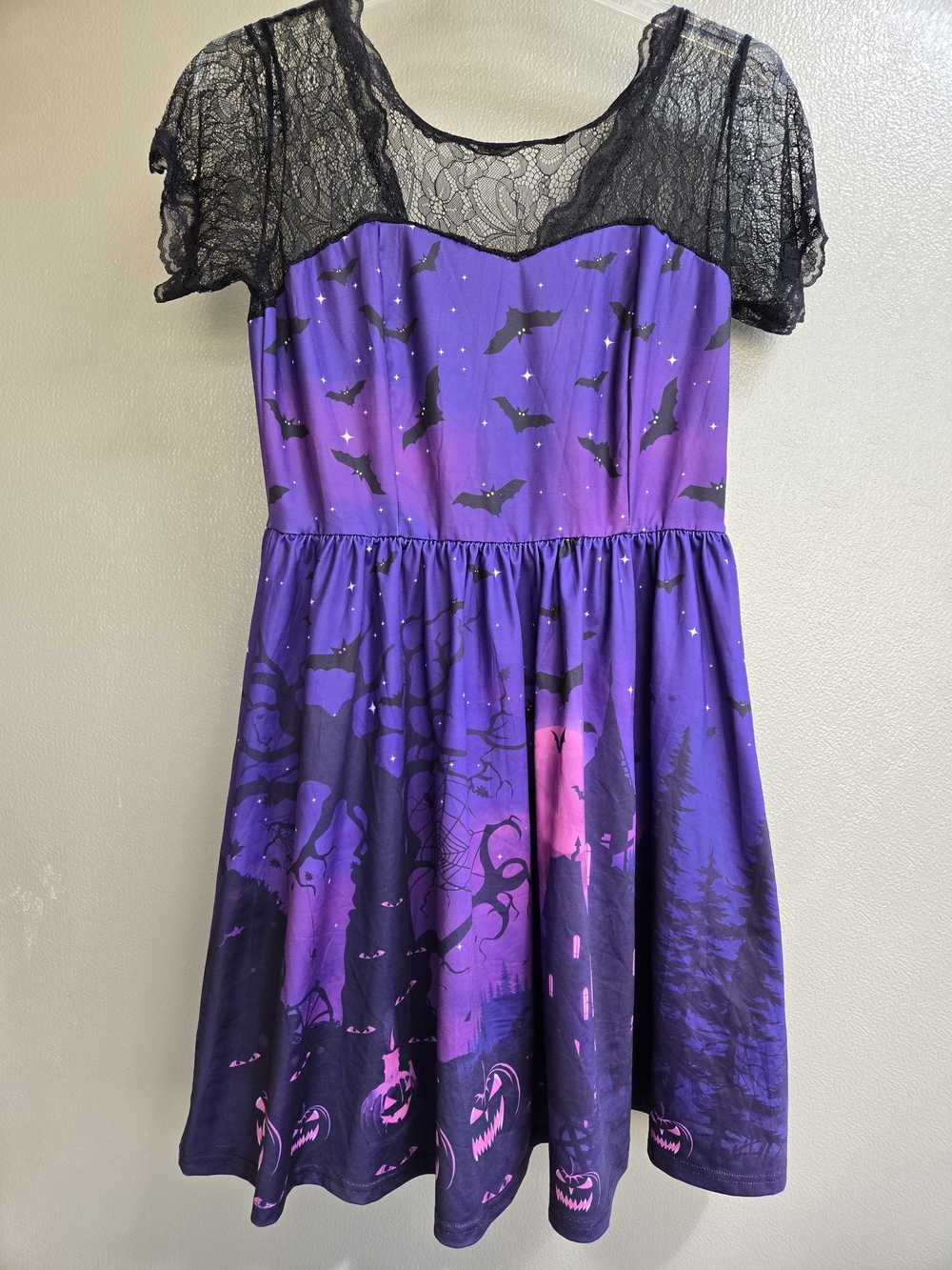 Women's Purple Halloween Bat Print Lace-Trim Costume Dress
